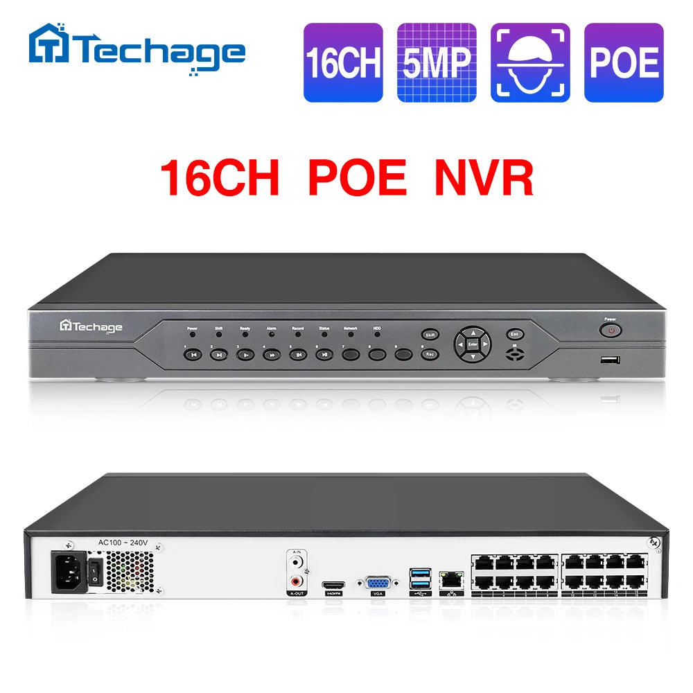 Techage H.265 16CH 4K 8MP 5MP 4MP 2MP POE NVR P2P Remote View Network POE NVR for IP Camera Surveillance CCTV Set Onvif