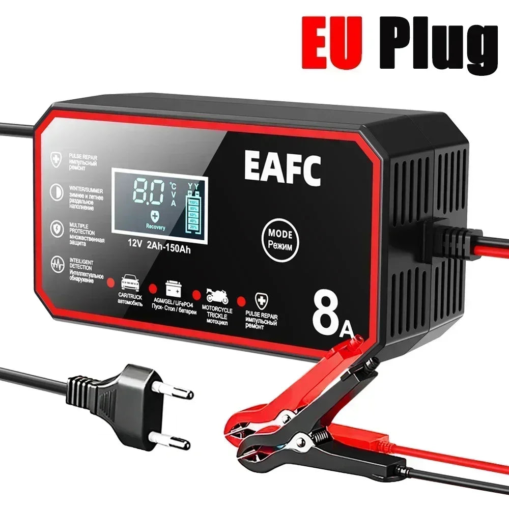 EAFC 8A 12V Car Battery Charger Charger for Motorcycle Lithium LiFePO4 Lead-Acid AGM Gel WET Automatic Pluse Repair Charger