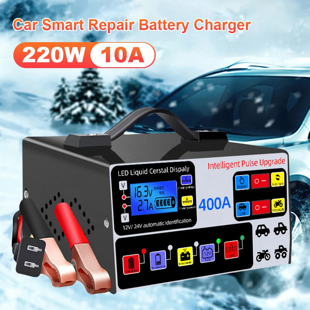 400A Heavy Duty Smart Battery Charger LCD Display Car Battery Charger 12/24V Intelligent Pulse Repair Charger High Power