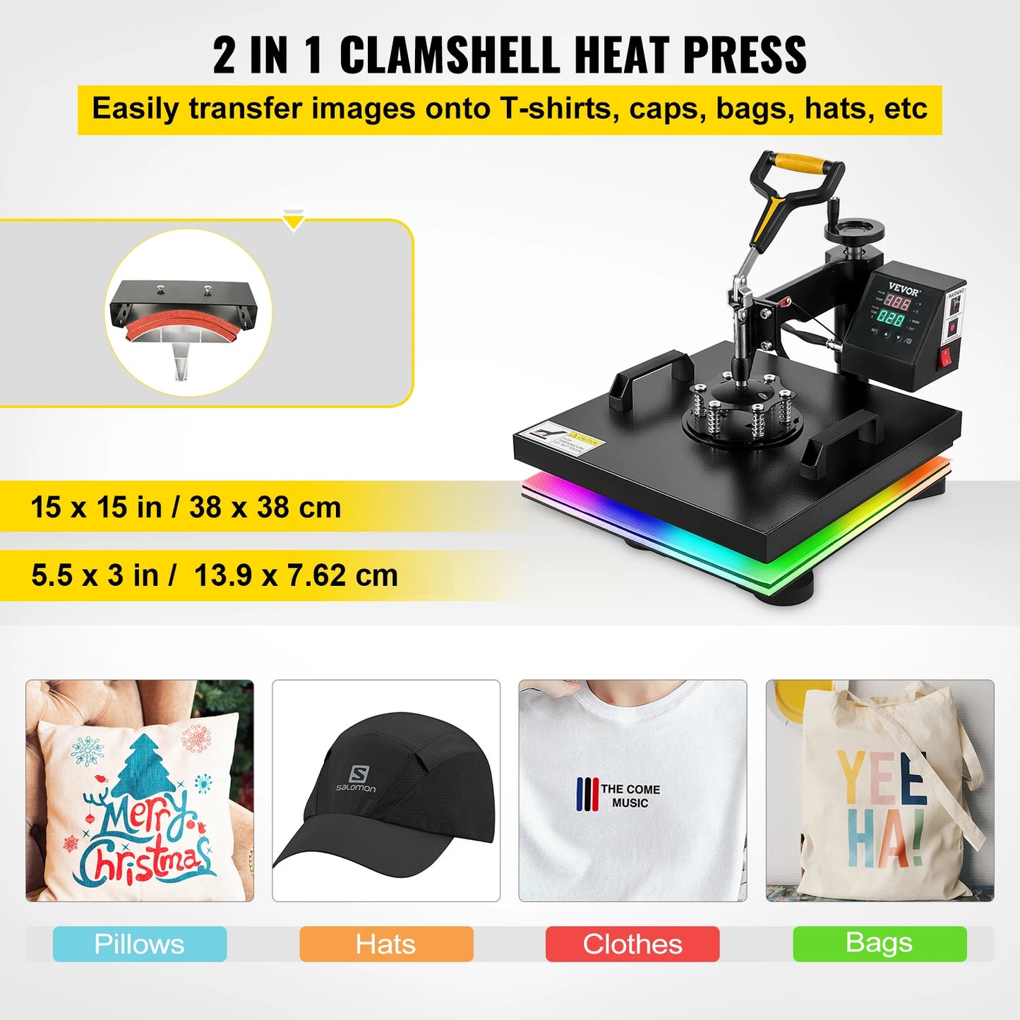 SucceBuy 2In1 Heat Press Machine 38*38CM 360 Degree Swing-Away Digital Sublimation Printer Transfer DIY T-shirt Cap