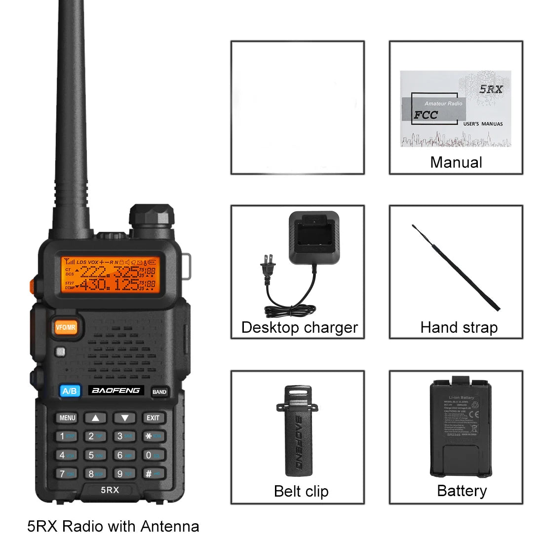 Baofeng 5RX Radio 5W VHF 1.25M UHF Walkie Talkies One Key Frequency Match 128 Channels DTMF Encoder 1800mAh Battery 5RM 5RH Pro