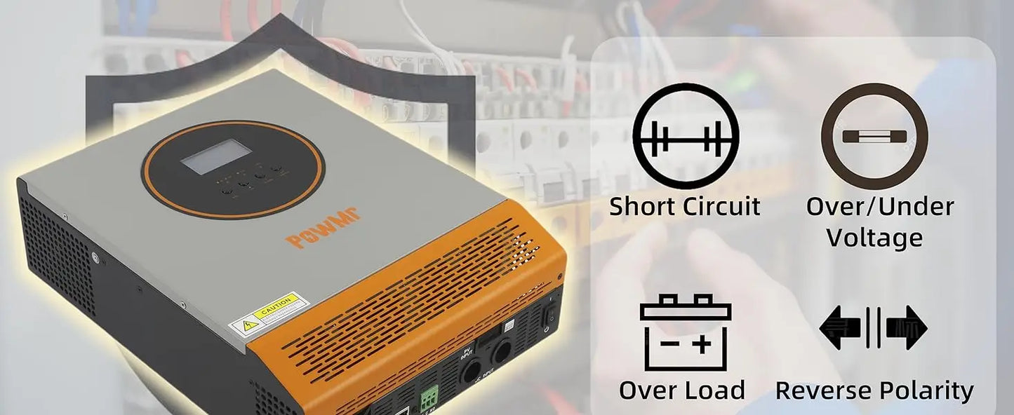 PowMr 2400W Pure Sine Wave Inverter 24VDC to 110V/120VAC 50A PWM Charging Controller Max PV 80VDC Solar Inverter Off-grid System