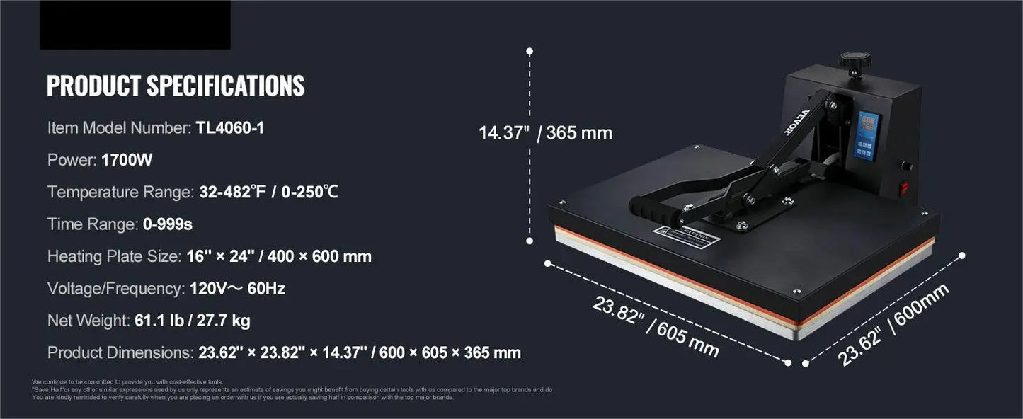 SucceBuy Heat Press Machine 15" x 15" /16" x 20" /16" x 24" Sublimation Printer Manual Clamshell Transfer on DIY T-shirt Pillow