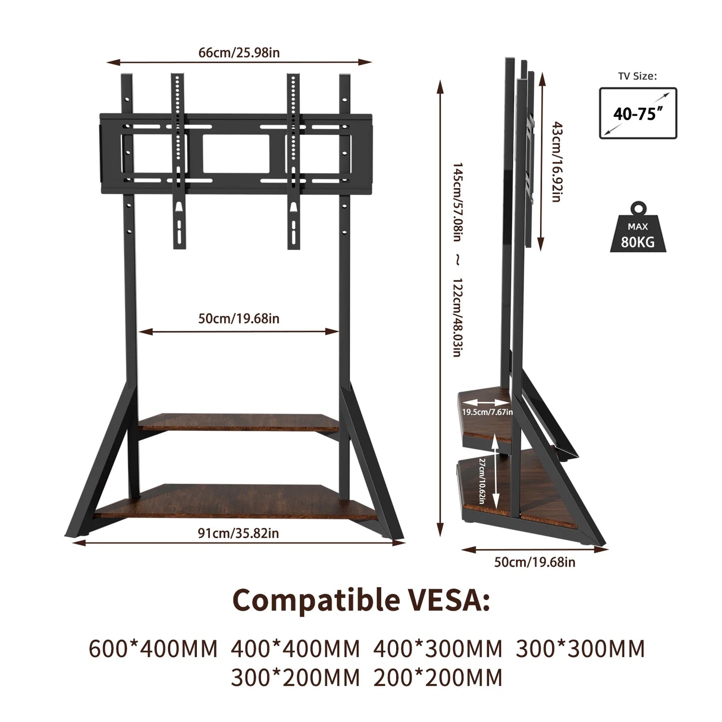 Adjustable Height Rolling Floor TV Stand Industrial Television TV Mount for 40-75 LCD LED Max Load 80KG