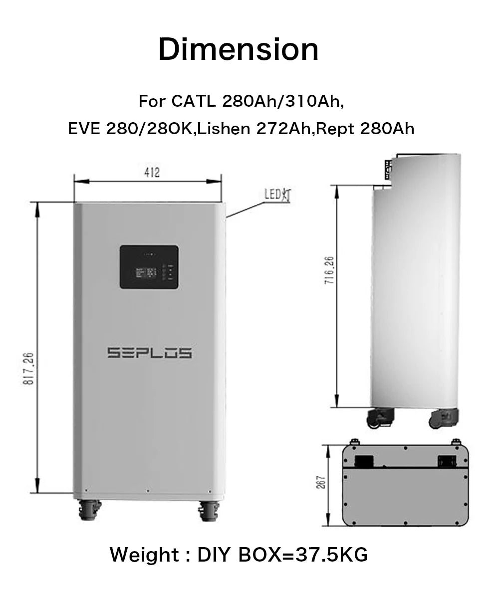 US Stock 3.0 Seplos 51.2V 280AH 310AH 320AH Lifepo4 Battery Kits CAN RS485 BMS 2A Active Balancer DIY Case Home Solar