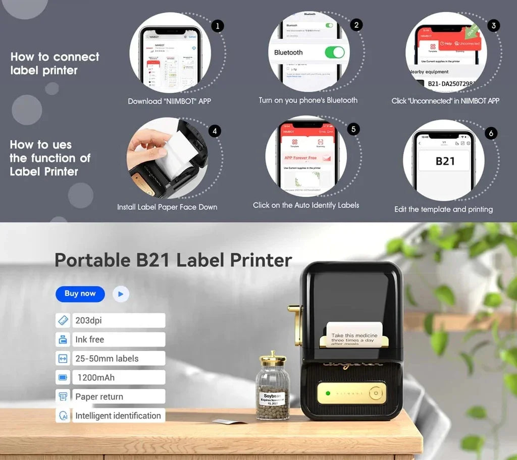 Niimbot B21 Mini Portable Printer Adhesive Label Thermal Printer Wireless Bluetooth For Sticker Labeling Machine Printer
