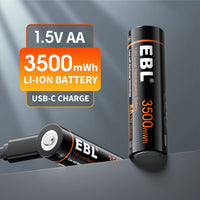 EBL Rechargeable 1.5V AA 3500mWh Lithium Batteries with USB Cable Li-ion Battery 1600+ Cycles For Remote Control Toy