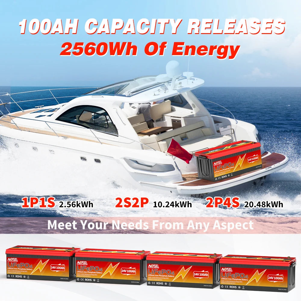 MOSEWORTH 24V 100Ah LiFePO4 Lithium Battery with 100A BMS 8000+ Deep Cycles Rechargeable Batteries for  Campers Trolling Motor