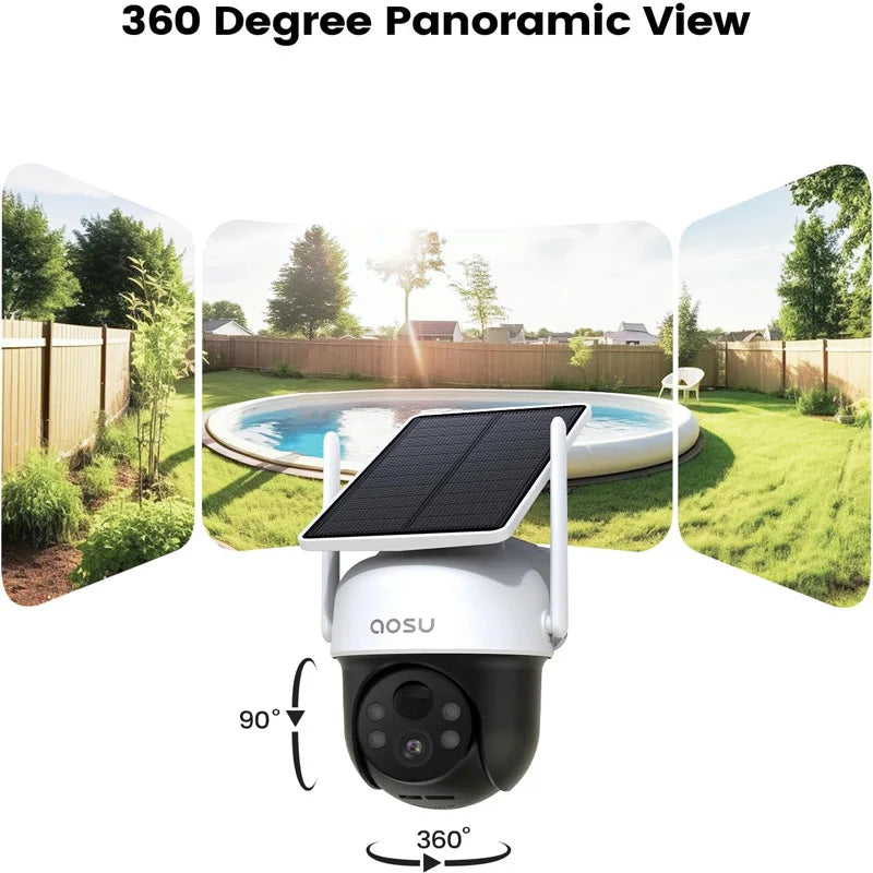 AOSU 3MP 100% Wire-Free Solar WiFi Camera 5000 mAh Two-way Audio Security Camera Wireless Solar Panel PTZ CCTV Camera