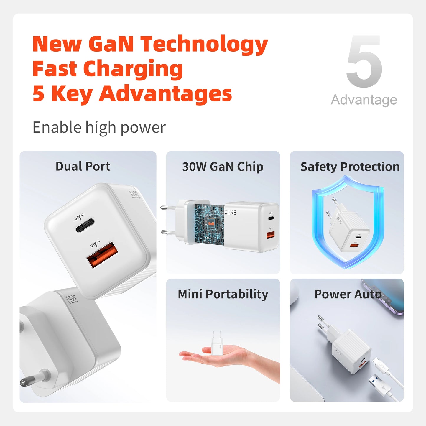 QERE Fast Charger PD 30W GaN Phone Universal Adapters EU Plug Safe Type C USB Intelligent Lightning Fast Charging Mini Portable