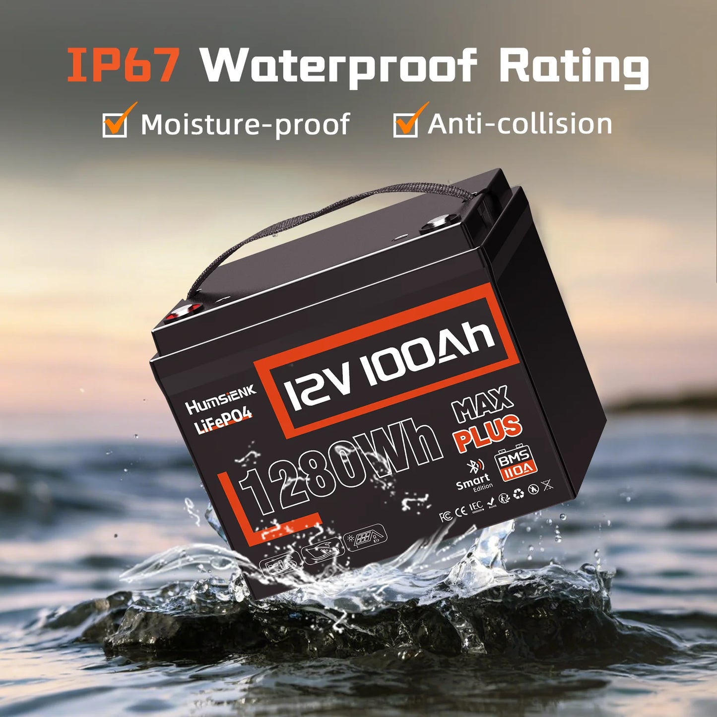 Humsienk 12V 100AH LiFePO4 Lithium Battery With Bluetooth Monitor Battery info 1280Wh For RV, Camper, Golf Cart, Trolling Motor