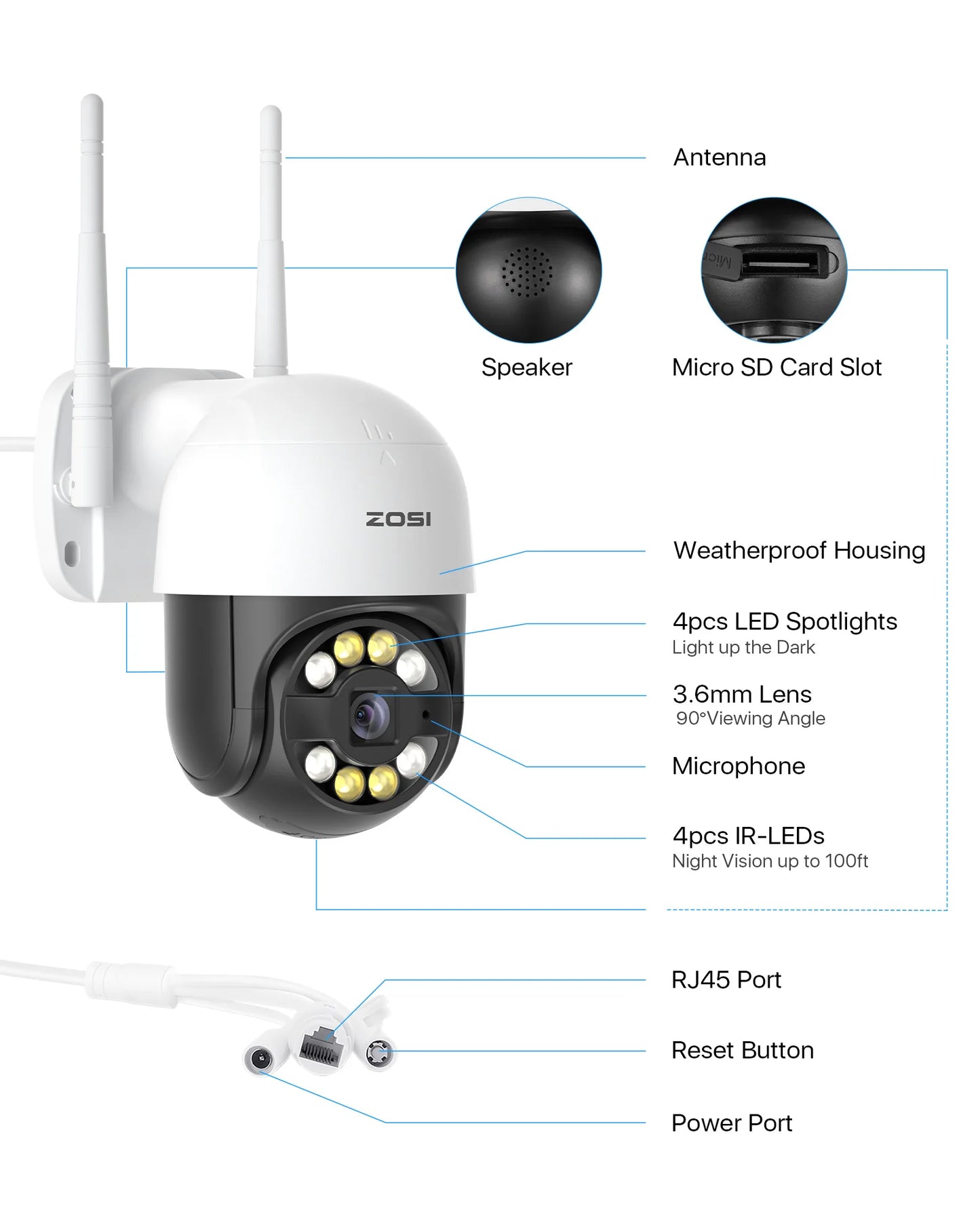 ZOSI 3MP/4MP PTZ Wifi IP Camera H.265 Wireless Surveillance Security CCTV Camera P2P Audio Outdoor AI Human Detection HD Cameras