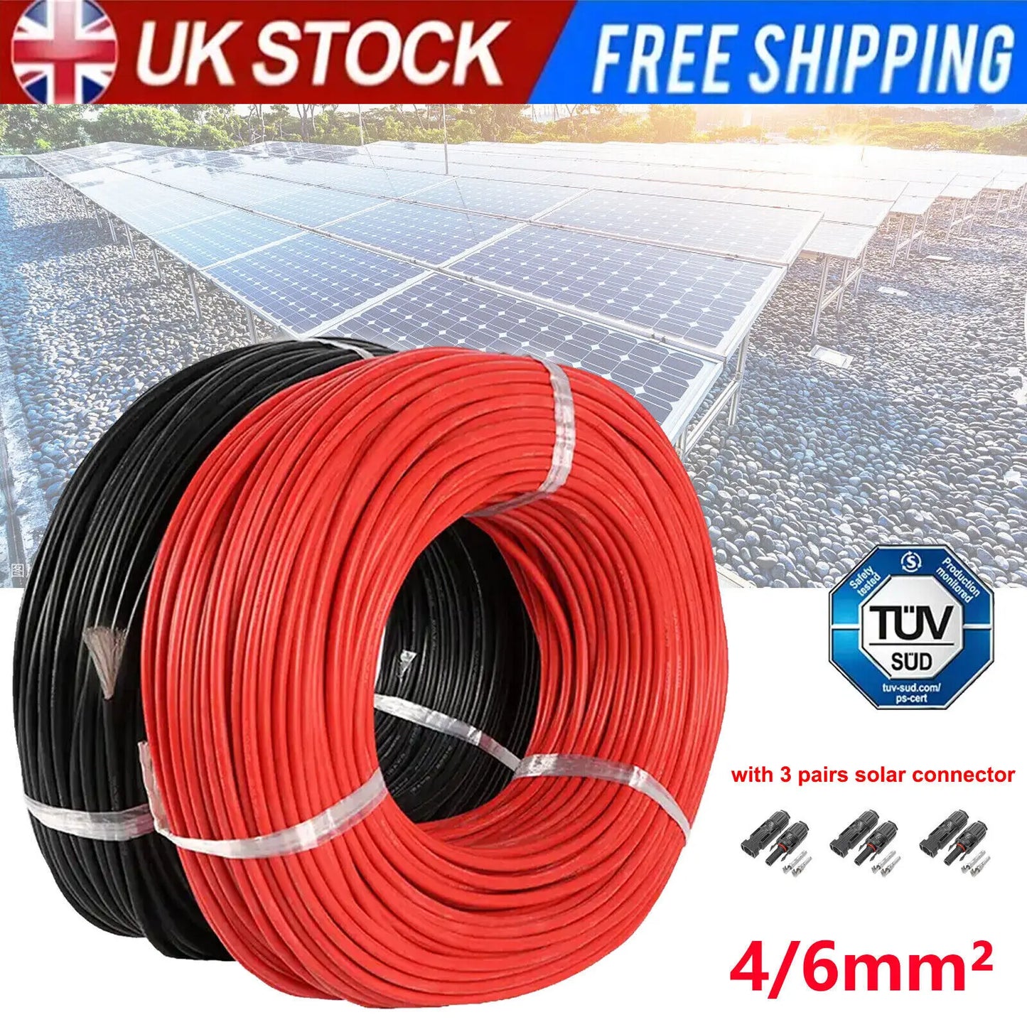PowMr 6mm2 PV Cable 30M Solar Panel 10AWG Extension Cable Wire Black & Red For 12 AWG Cable without Connector Waterproof PV Wire