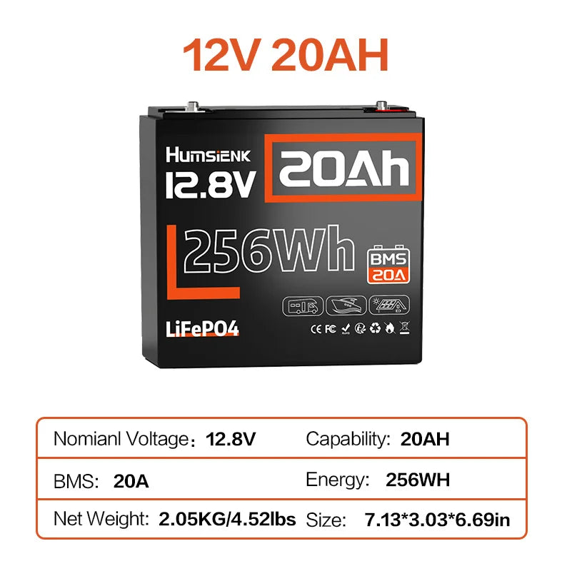 Humsienk 12V 20Ah 100Ah 200Ah 314Ah LiFePO4 Battery Rechargeable Cells 15000 Cycle BMS For RV/ Vans/ Camping/ Home Storage/Solar