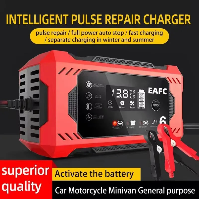 Large Screen Car Battery Charger 6A 12V Car and Motorcycle Battery Charging Device Lead-acid Battery Smart Repair LCD Display