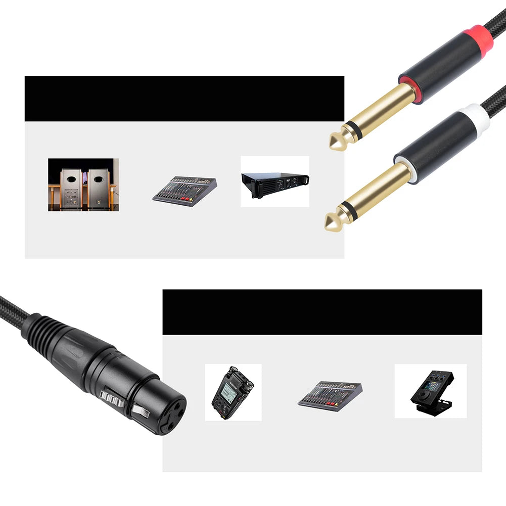 Gold Plated 3 Pin XLR Female To Dual 6.35mm Mono TS Male Cable for Microphone Mixer Amplifier 1 to 3 Meter Options