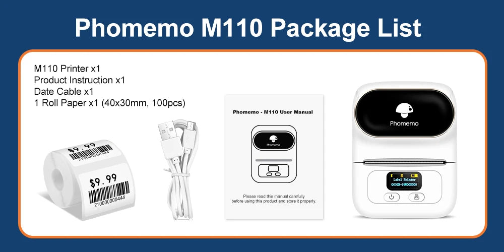 Phomemo M110 Self-adhesive Smart Thermal Label Printer for Business,Barcode Label, Price Tag, Address Wireless Sticker Printer