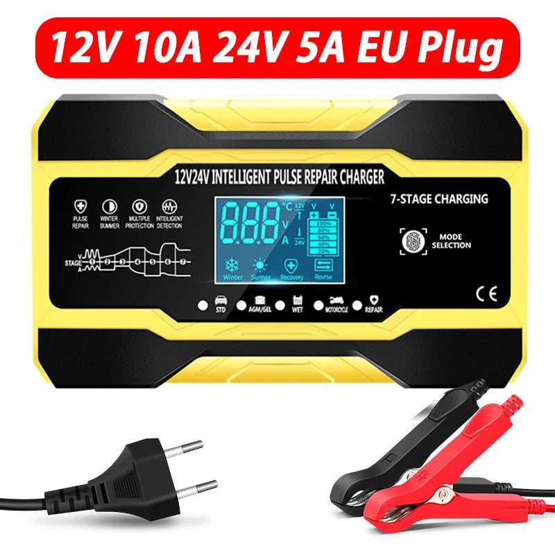 12V-24V 7-stage smart Car Battery-Charger Full Automatic 10A Digital Car Battery Charger  Pulse Repair for AGM GEL WET Lead Acid