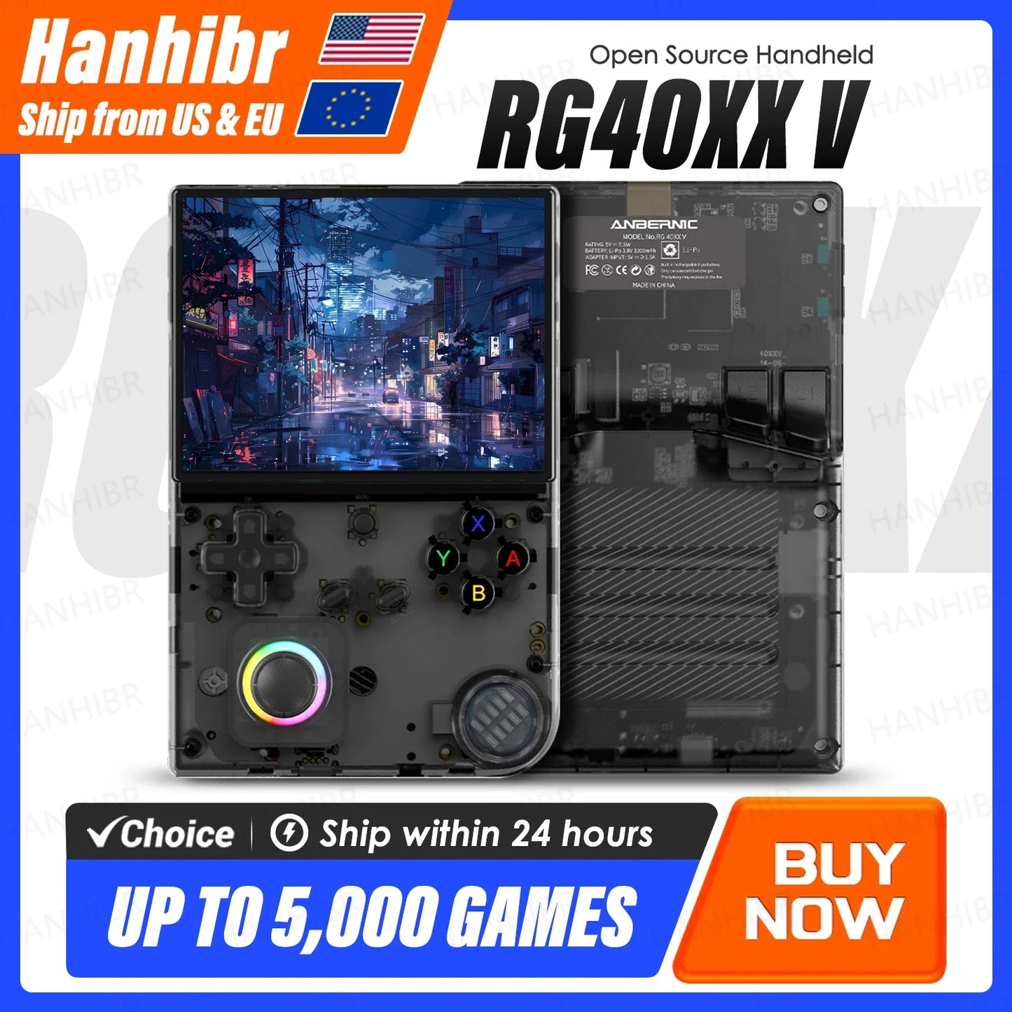 ANBERNIC RG40XXV Handheld Game Console 4'' IPS Screen Video Output Joystick RGB lighting Effect Streaming RG 40XXV E-book Player