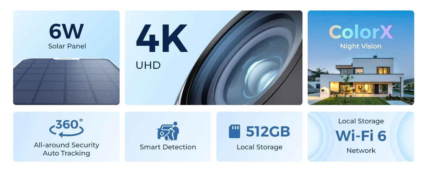 Reolink 4K Solar WiFi Security Camera Long Lasting 360° PT Auto Tracking Wireless ColorX Night Vision Dual-Band WiFi 6 IP Camera