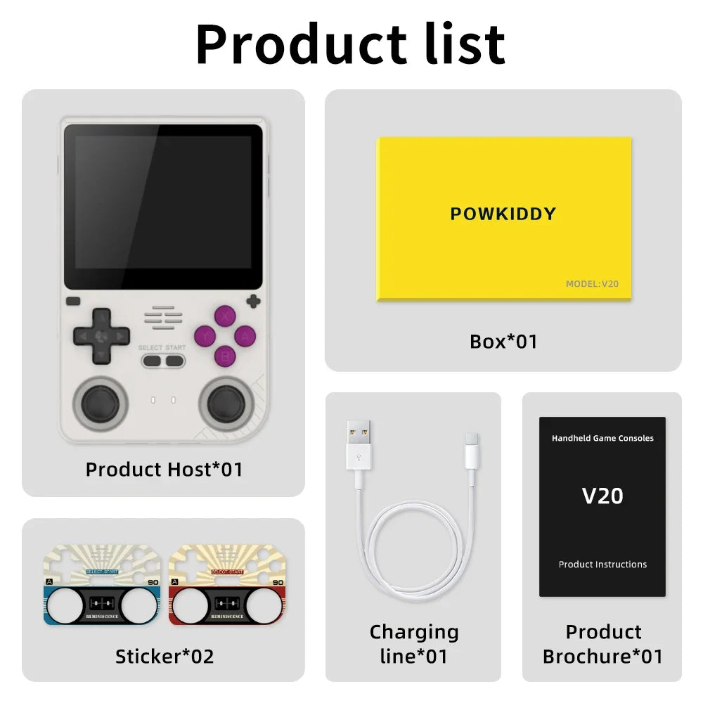 POWKIDDY V20 Retro Video Handheld Game Console 3.5-Inch IPS HD Screen Dual Card slot 5000mAh Lithium Battery Retro Game Stickers