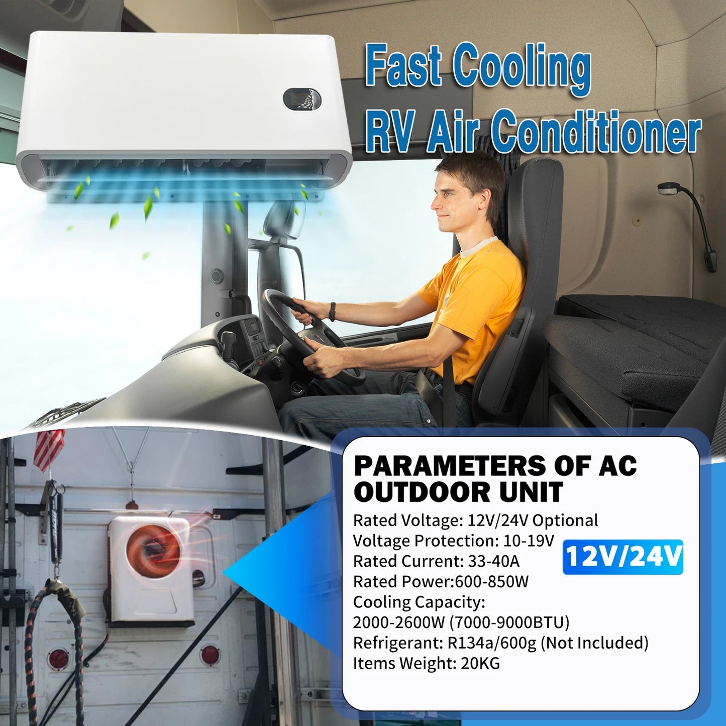 Treeligo 10500BTU Car Electric Parking Cooling Air Conditioner 12V/24V Split Air AC Unit for Truck Caravan Camper Van RV