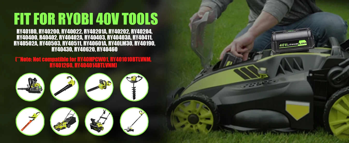 KUNLUN For Ryobi 6.0Ah 40V Li-ion Battery For OP40401 OP4050A OP4050 RY40502 RY40200 Cordless Power Tools Rechargeable Battery