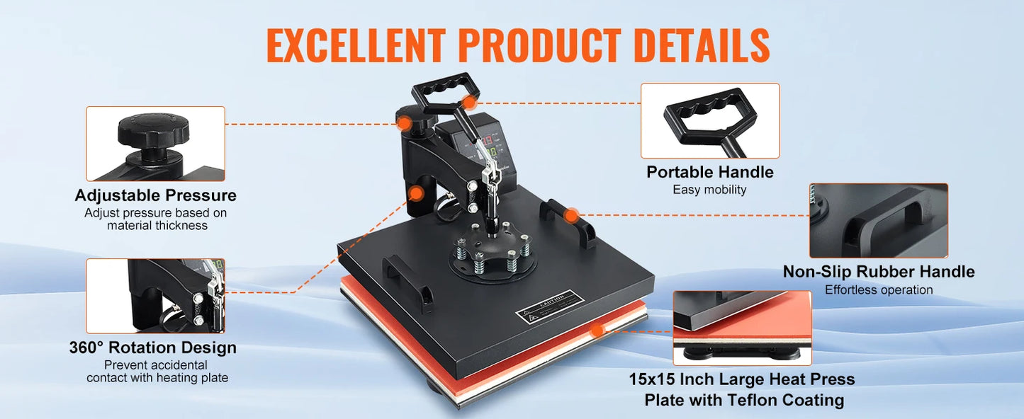 SucceBuy 2In1 Heat Press Machine 38*38CM 360 Degree Swing-Away Digital Sublimation Printer Transfer DIY T-shirt Cap