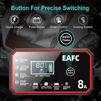 EAFC 8A 12V Car Battery Charger Charger for Motorcycle Lithium LiFePO4 Lead-Acid AGM Gel WET Automatic Pluse Repair Charger