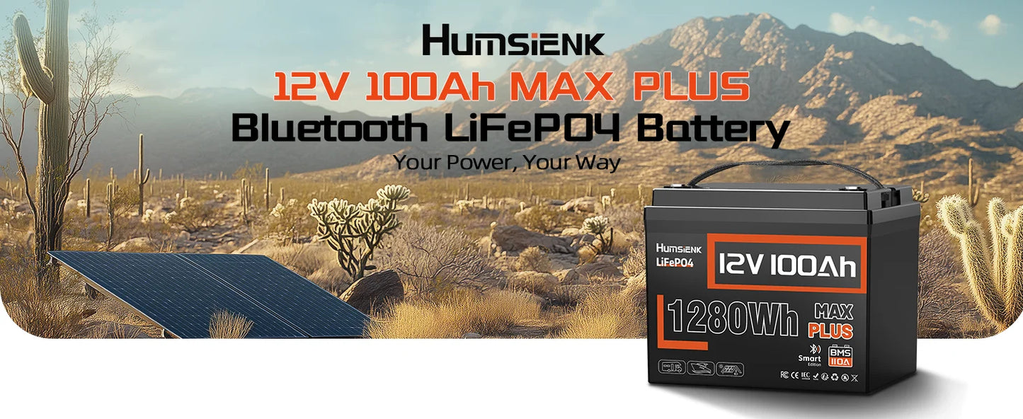 Humsienk 12V 100AH LiFePO4 Lithium Battery With Bluetooth Monitor Battery info 1280Wh For RV, Camper, Golf Cart, Trolling Motor