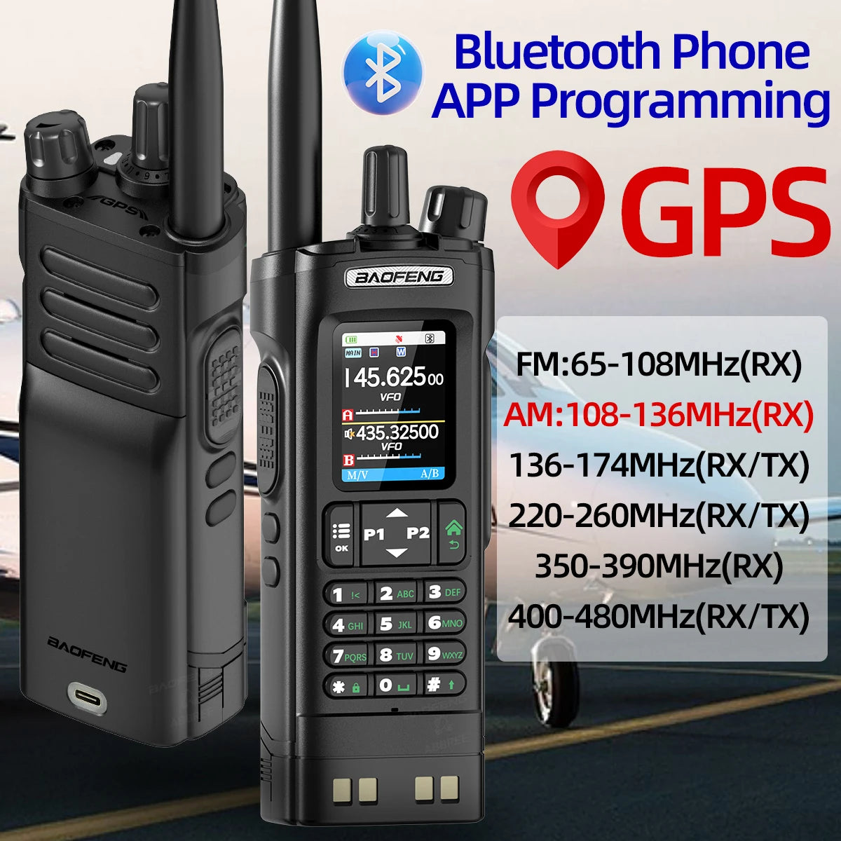 Walkie Talkie Baofeng UV-32 Multi Band 10W GPS Bluetooth Programming Amateur AM Two Way Radio with 2.0" Screen Type-C Ham Radio