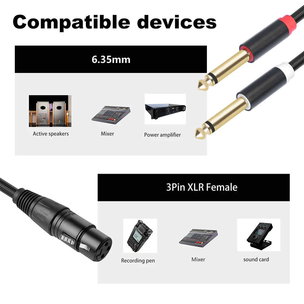 Gold Plated 3 Pin XLR Female To Dual 6.35mm Mono TS Male Cable for Microphone Mixer Amplifier 1 to 3 Meter Options