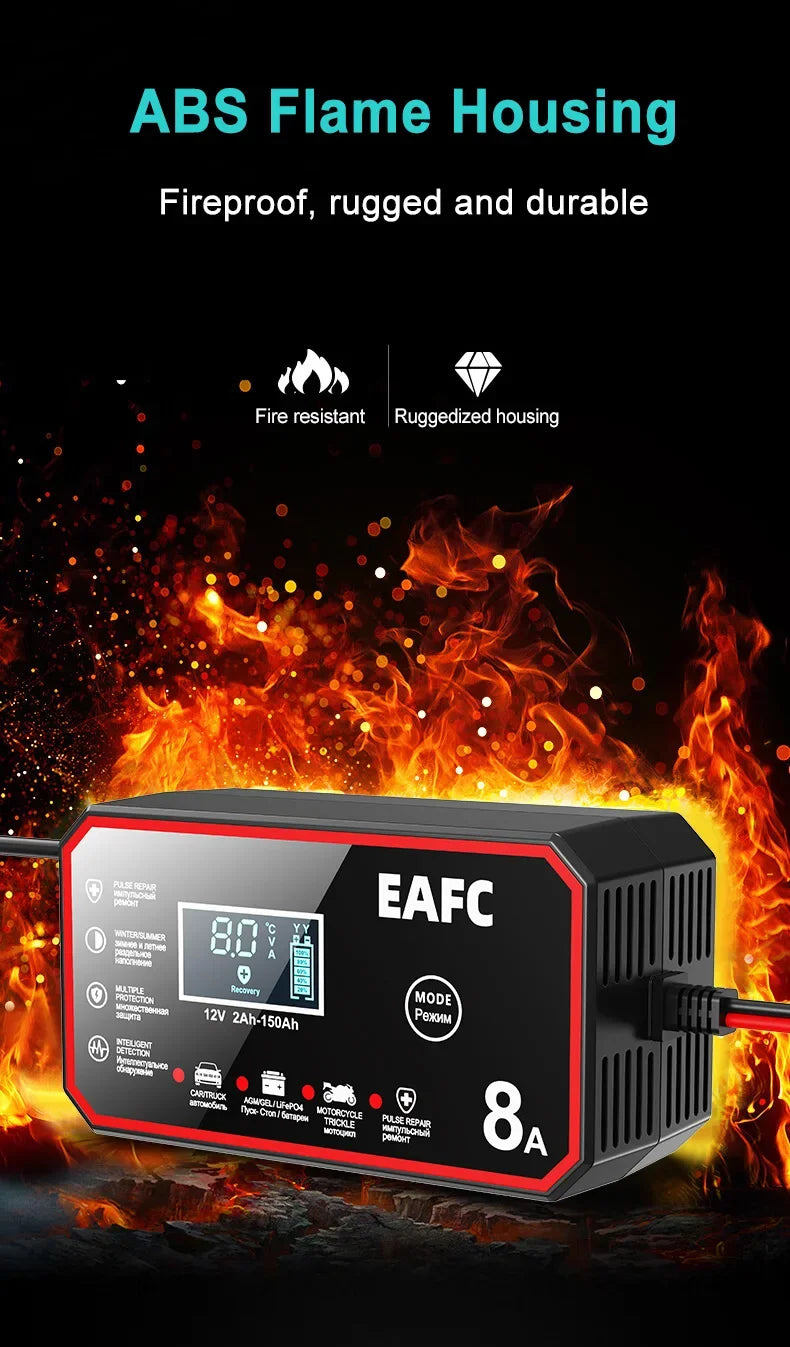 EAFC 8A 12V Car Battery Charger Charger for Motorcycle Lithium LiFePO4 Lead-Acid AGM Gel WET Automatic Pluse Repair Charger
