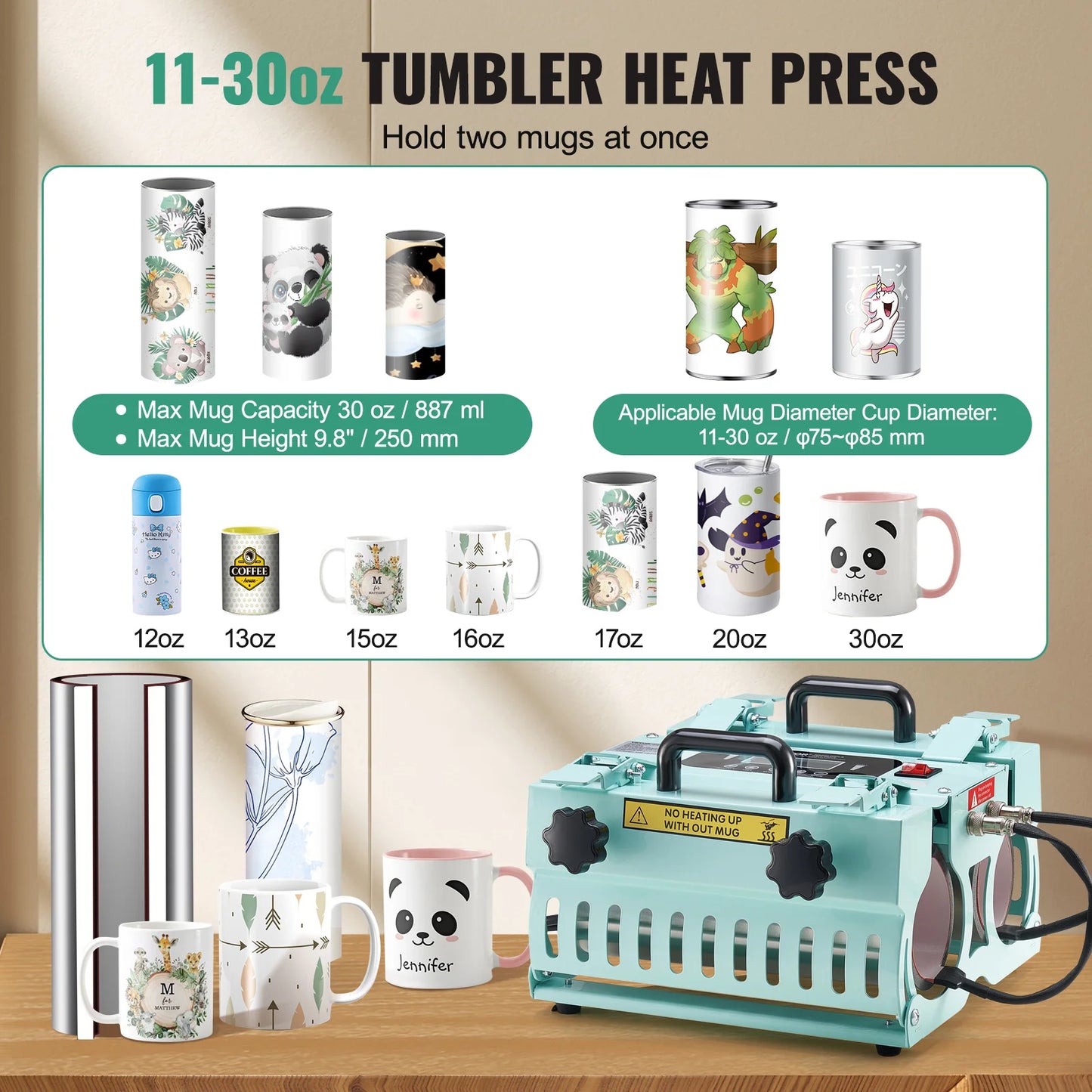 VEVOR Tumbler Heat Press Machine 2 Station Heaters 11-30oz Mug Press Tumbler Press for Sublimation Tumblers Cups and Mug 19.6lbs