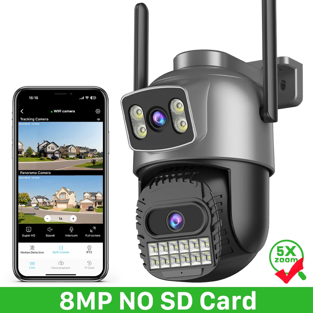 15MP 8K Wifi Camera Outdoor Three Lens Three Screens HD Wifi Security Camera Ai Human Detection PTZ 4K Home Surveillance Camera