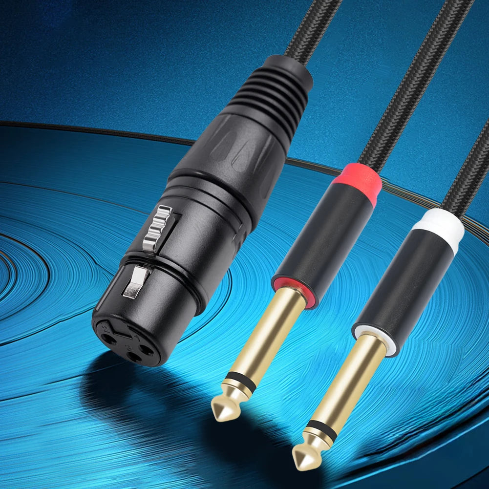 Gold Plated 3 Pin XLR Female To Dual 6.35mm Mono TS Male Cable for Microphone Mixer Amplifier 1 to 3 Meter Options