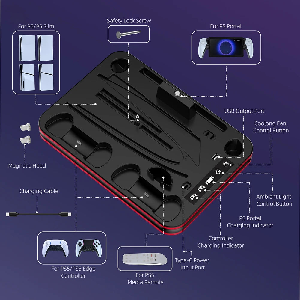 For PS5 Slim Cooling Stand PS5 cooling StationRGB Charging Base Dual Controller Charger Dock Station for PS5/PS5 Slim Accsessory