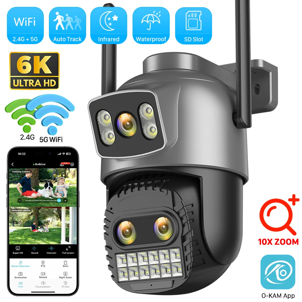 6K 15MP HD IP Camera Outdoor Three-Lens External WiFi Camera 4K 8MP Dual Screen Security PTZ Cam Auto Tracking Surveillance