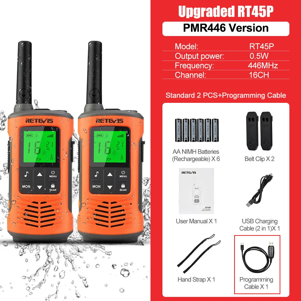 Retevis RT45P IP67 Waterproof Walkie Talkie 2pcs Rechargeable 2-way Radio Receiver PMR446 License Free Type-C for Camping hiking