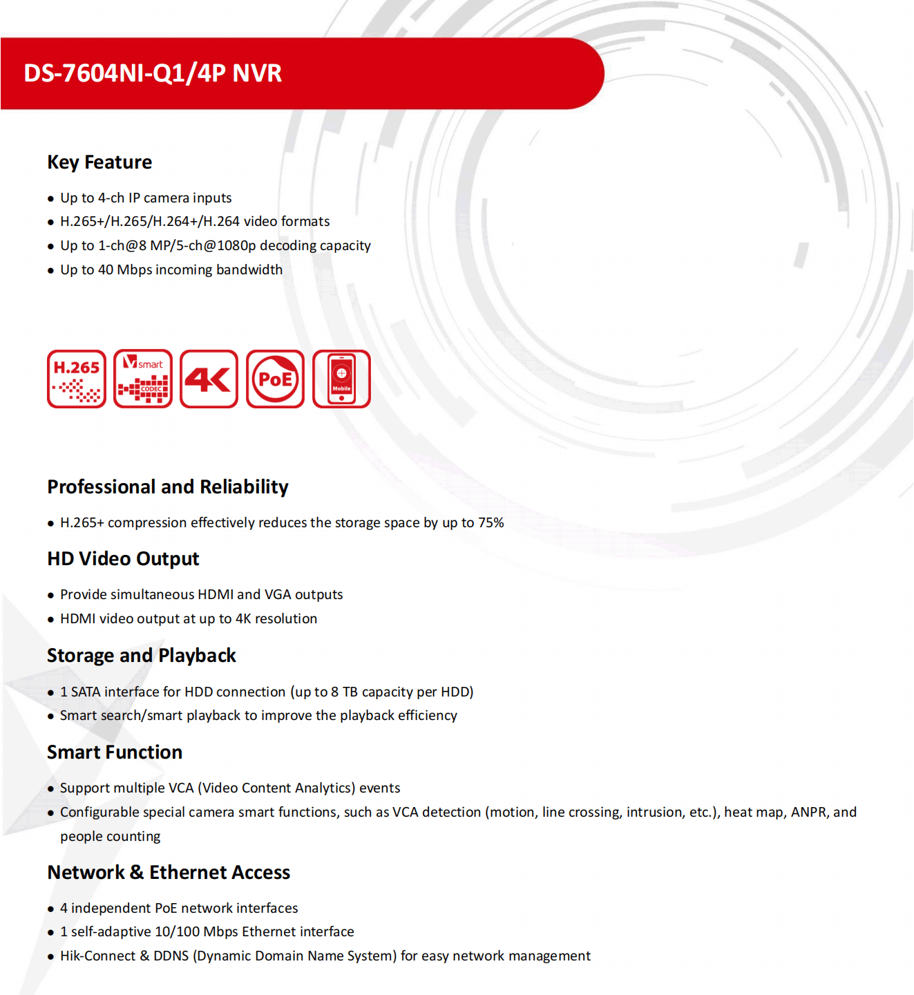 Hikvision NVR 4-ch 1U 4 PoE 4K NVR DS-7604NI-Q1/4P Up to 4-ch IP Camera inputs Network Video Recorder Support Third-party Camera