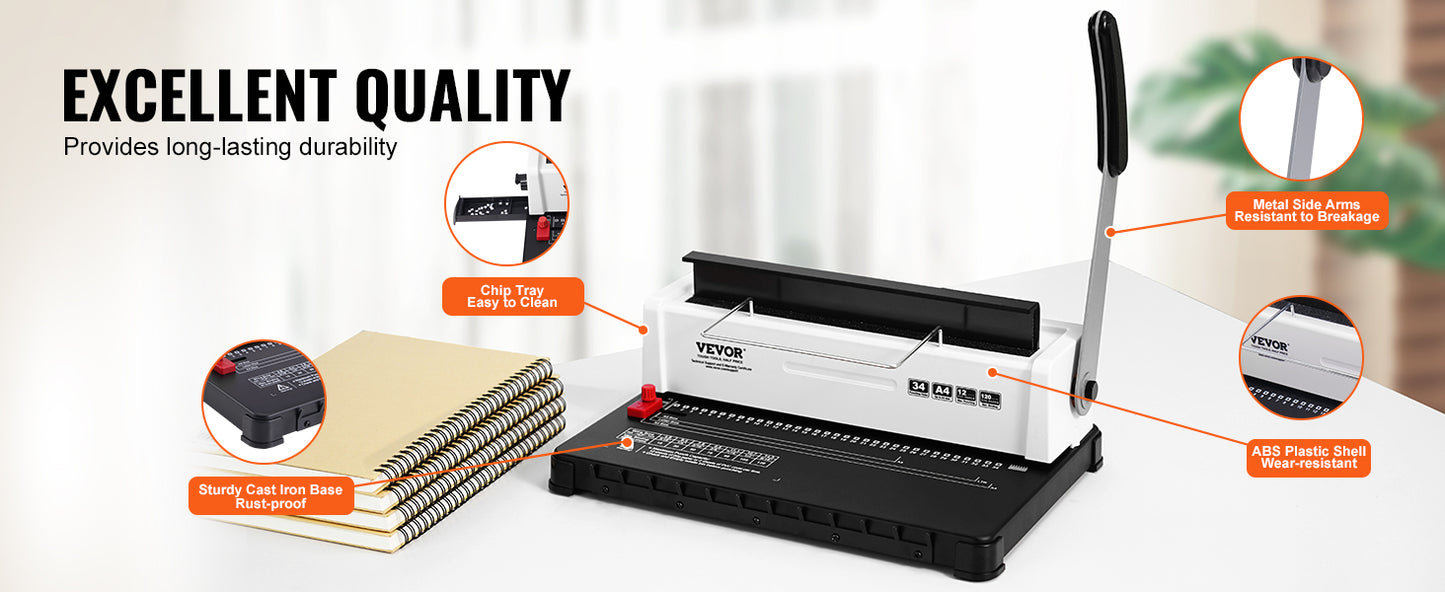 SucceBuy Coil Spiral Binding Machine Manual Book Maker 34-Holes Binding 120 Sheets Punch Binder Adjustable Coil Binding Spines