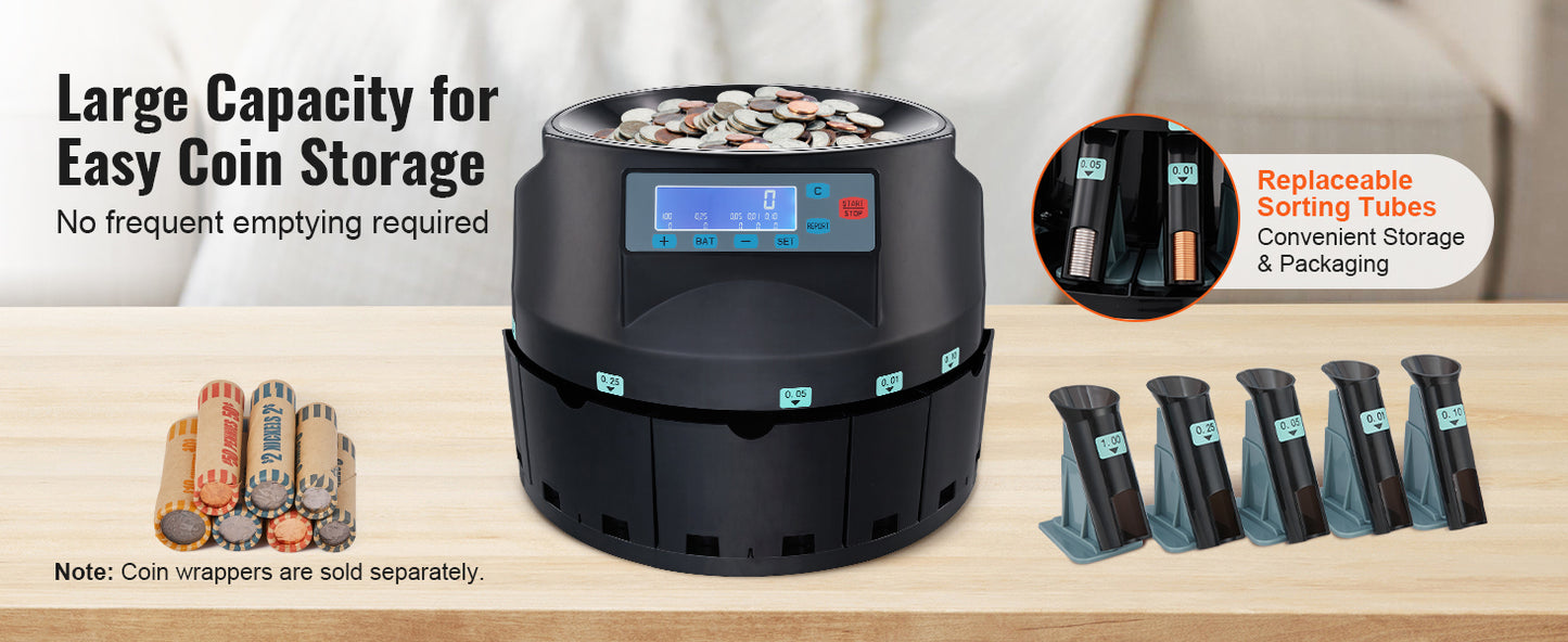 SucceBuy 230/300Coins/Min USD Coin Sorter Counter Professional Electric Automatic Machine LED Display for School Shop Bank Black