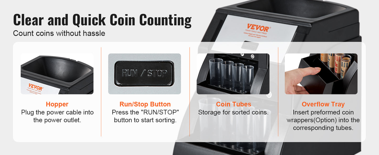 SucceBuy 230/300Coins/Min USD Coin Sorter Counter Professional Electric Automatic Machine LED Display for School Shop Bank Black