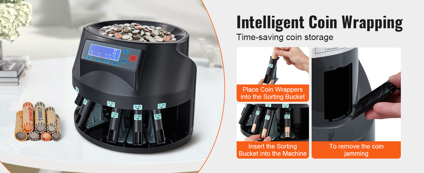 SucceBuy 230/300Coins/Min USD Coin Sorter Counter Professional Electric Automatic Machine LED Display for School Shop Bank Black