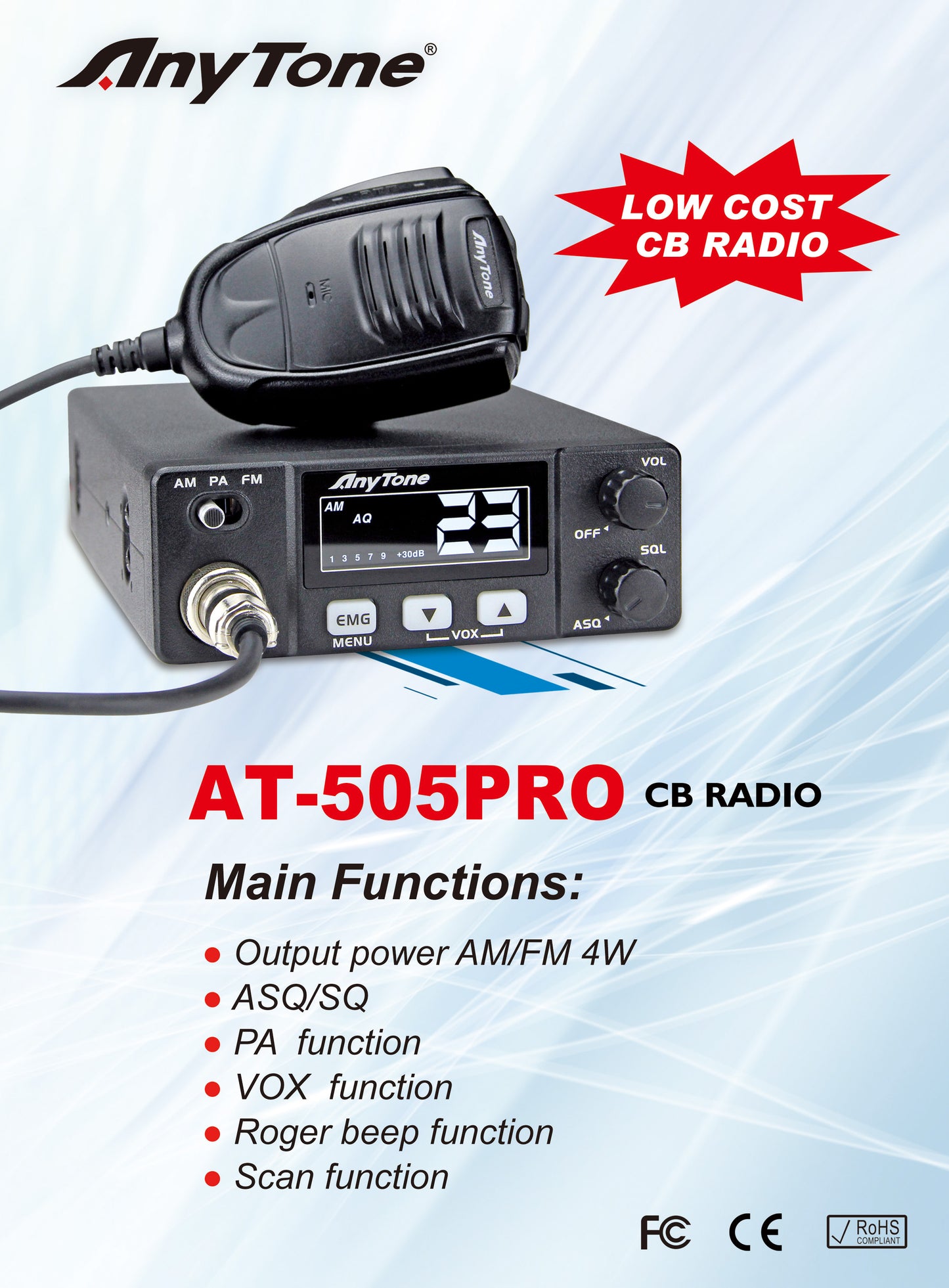 2024 New Anytone AT-505Pro CB Walkie Talkie 26.965-27.405MHz Truck Radio 40Channels AM/FM/PA Scan FunctionASQ/SQ/VOX Car Radio