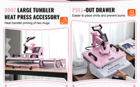 SucceBuy Heat Press Machine 12x15 inch  8 in 1 Heat Transfer Machine 360° Swing Away T-Shirt for T-Shirts/Mugs/Hats/Plates Pink