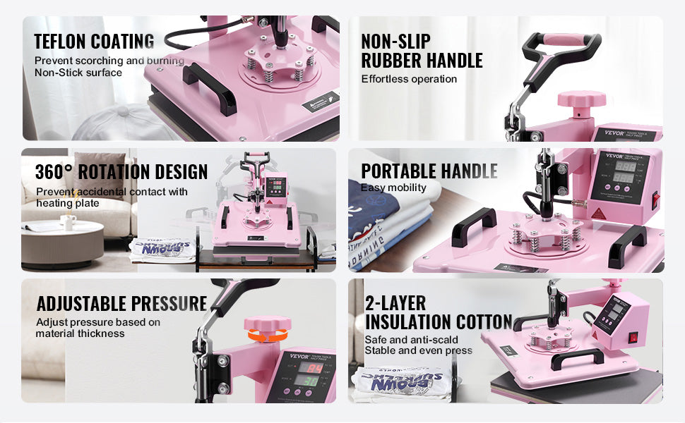 SucceBuy Heat Press Machine 12x15 inch  8 in 1 Heat Transfer Machine 360° Swing Away T-Shirt for T-Shirts/Mugs/Hats/Plates Pink