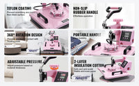 SucceBuy Heat Press Machine 12x15 inch  8 in 1 Heat Transfer Machine 360° Swing Away T-Shirt for T-Shirts/Mugs/Hats/Plates Pink