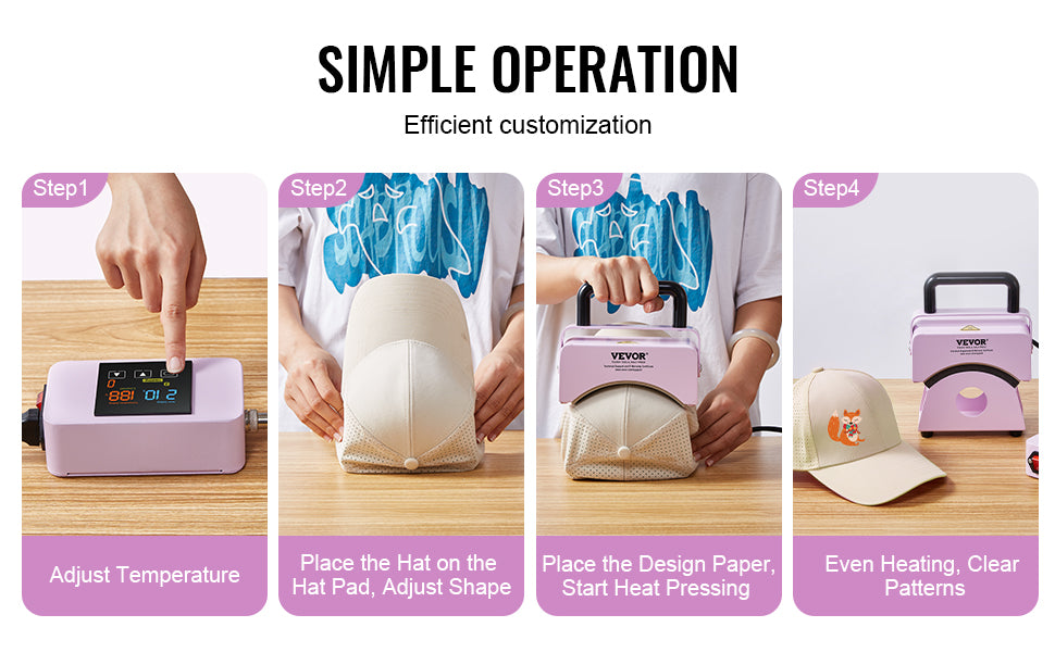 SucceBuy Hat Press Machine Mini Hat Heat Press for Caps Cap Heat Press Machine Safety Base and Glove Automatic Shut-Off Purple