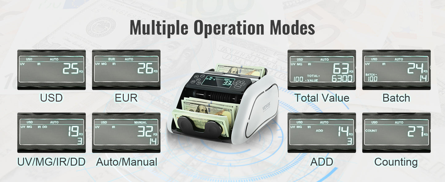 VEVOR 1000 Pcs/Min Money Counter Business Cash Register Euros Bills Fake Banknote Detector by UV and MG Function for Banks Shops